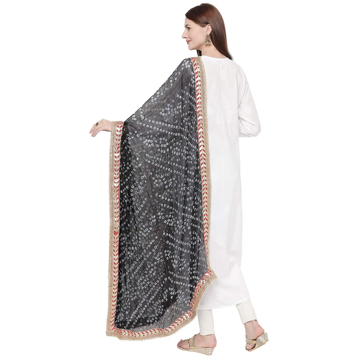 DUPATTA BAZAAR Black Bandhini Silk Dupatta with Gotta Patti Border 240cm (86") x 90cm (38") | Handloom Weave - view 3