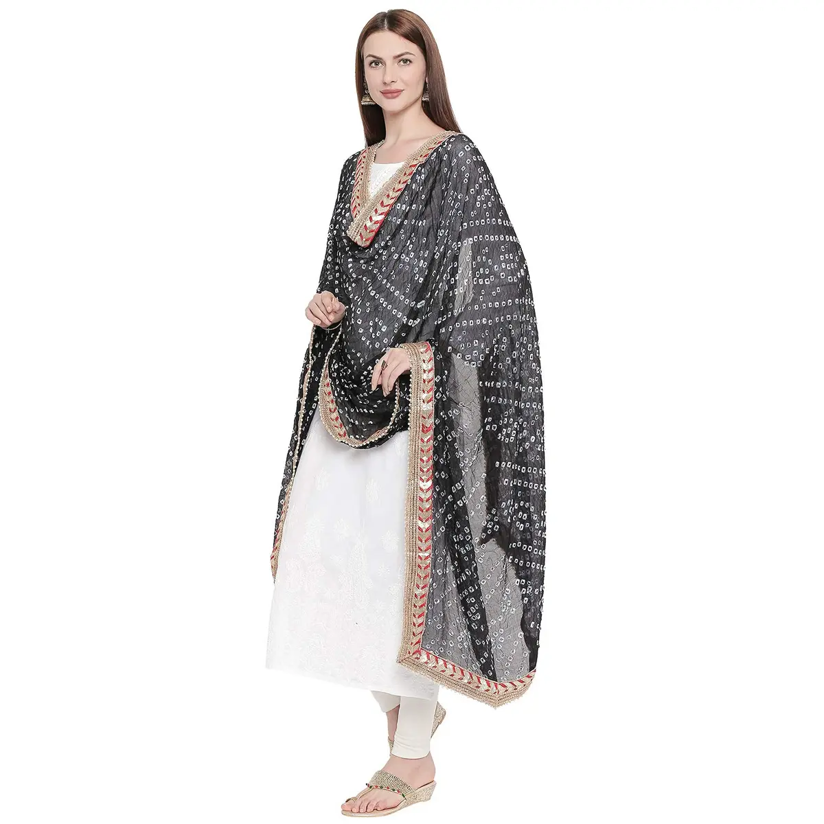 DUPATTA BAZAAR Black Bandhini Silk Dupatta with Gotta Patti Border 240cm (86") x 90cm (38") | Handloom Weave - view 4