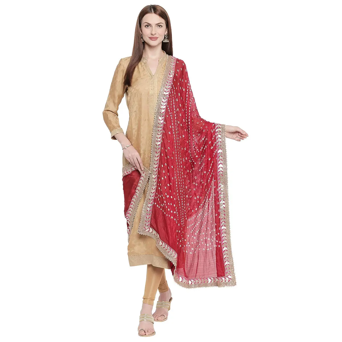 DUPATTA BAZAAR Maroon Bandhini Silk Dupatta with Gotta Patti Border 240cm (86 inches) x 97cm (38 inches) - view 2