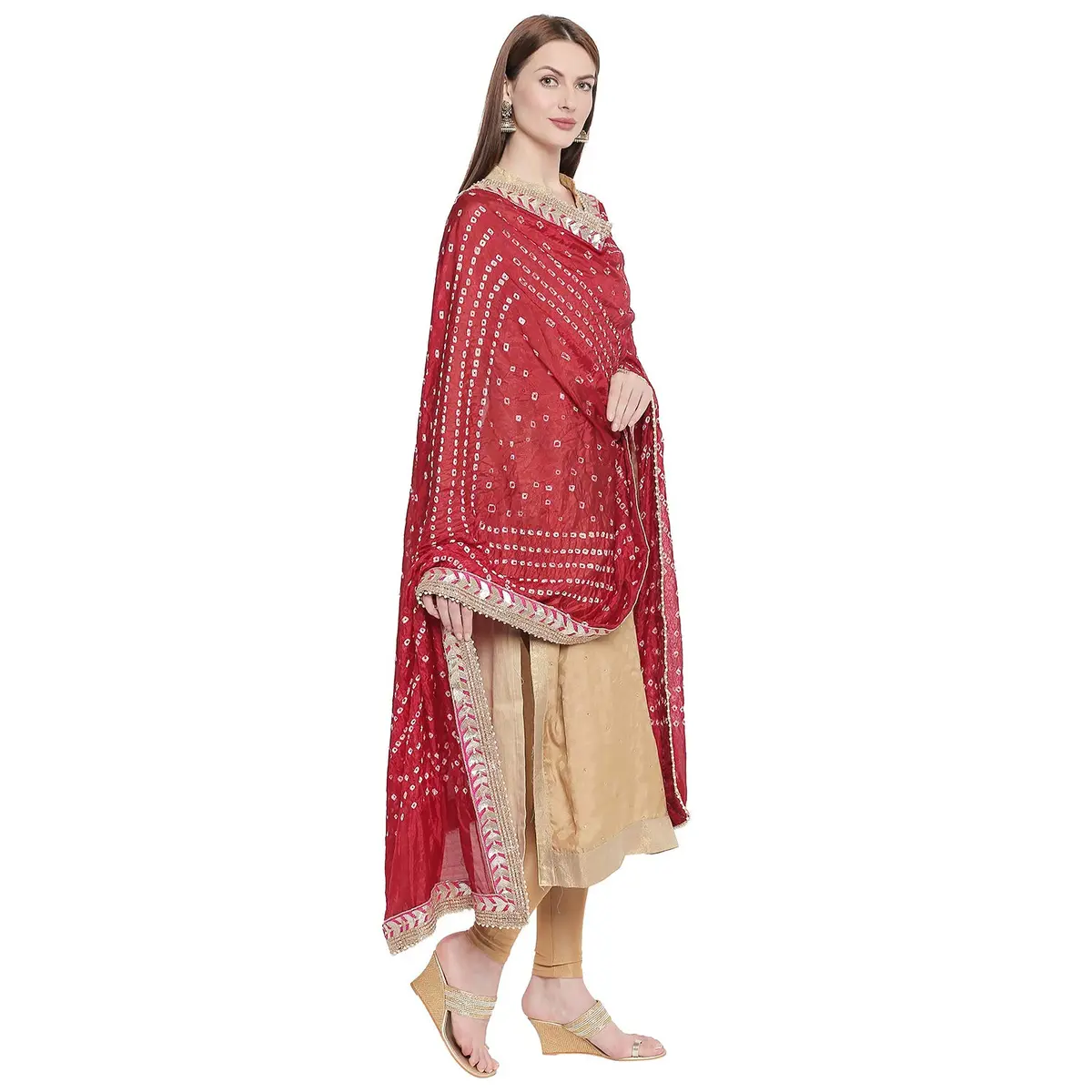 DUPATTA BAZAAR Maroon Bandhini Silk Dupatta with Gotta Patti Border 240cm (86 inches) x 97cm (38 inches) - view 4