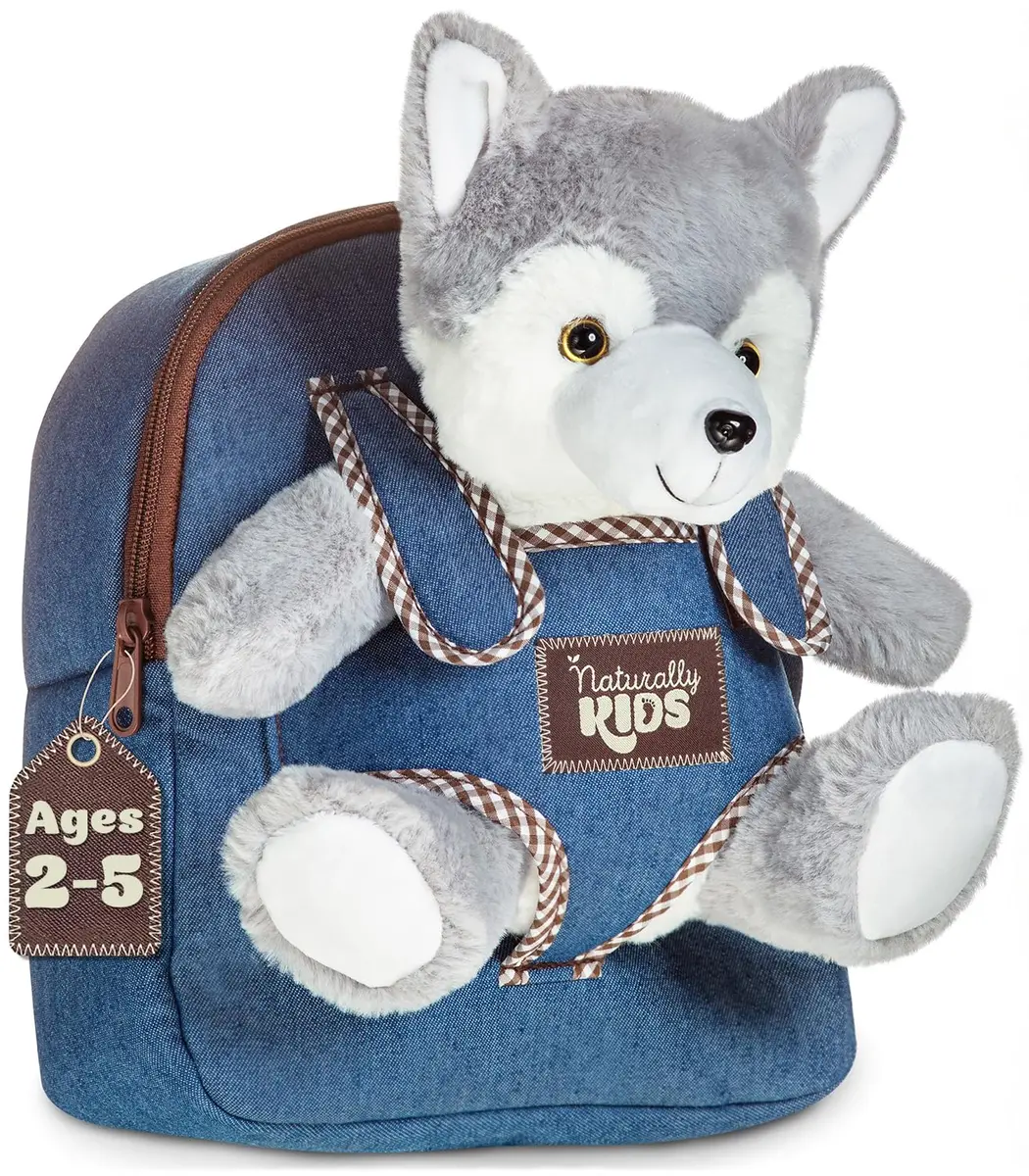 Naturally KIDS Toddler Backpack with Plush Wolf Toy | Adjustable Denim Design for Kids 2-5 - main product image