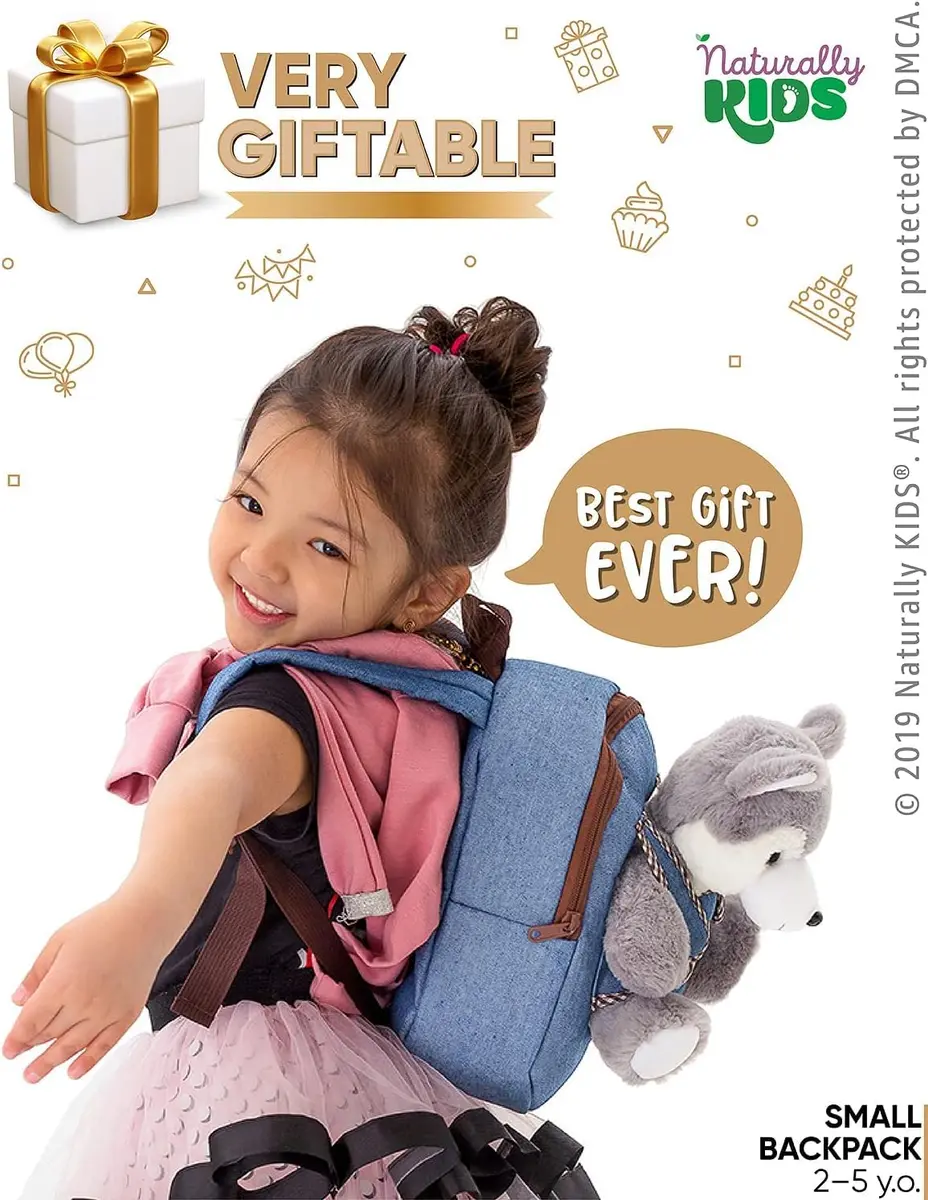 Naturally KIDS Toddler Backpack with Plush Wolf Toy | Adjustable Denim Design for Kids 2-5 - view 5