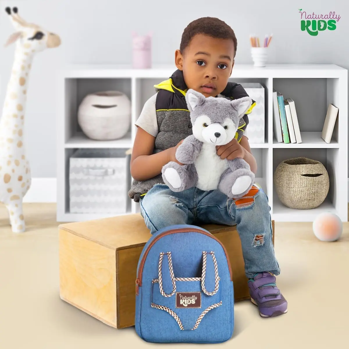 Naturally KIDS Toddler Backpack with Plush Wolf Toy | Adjustable Denim Design for Kids 2-5 - view 6