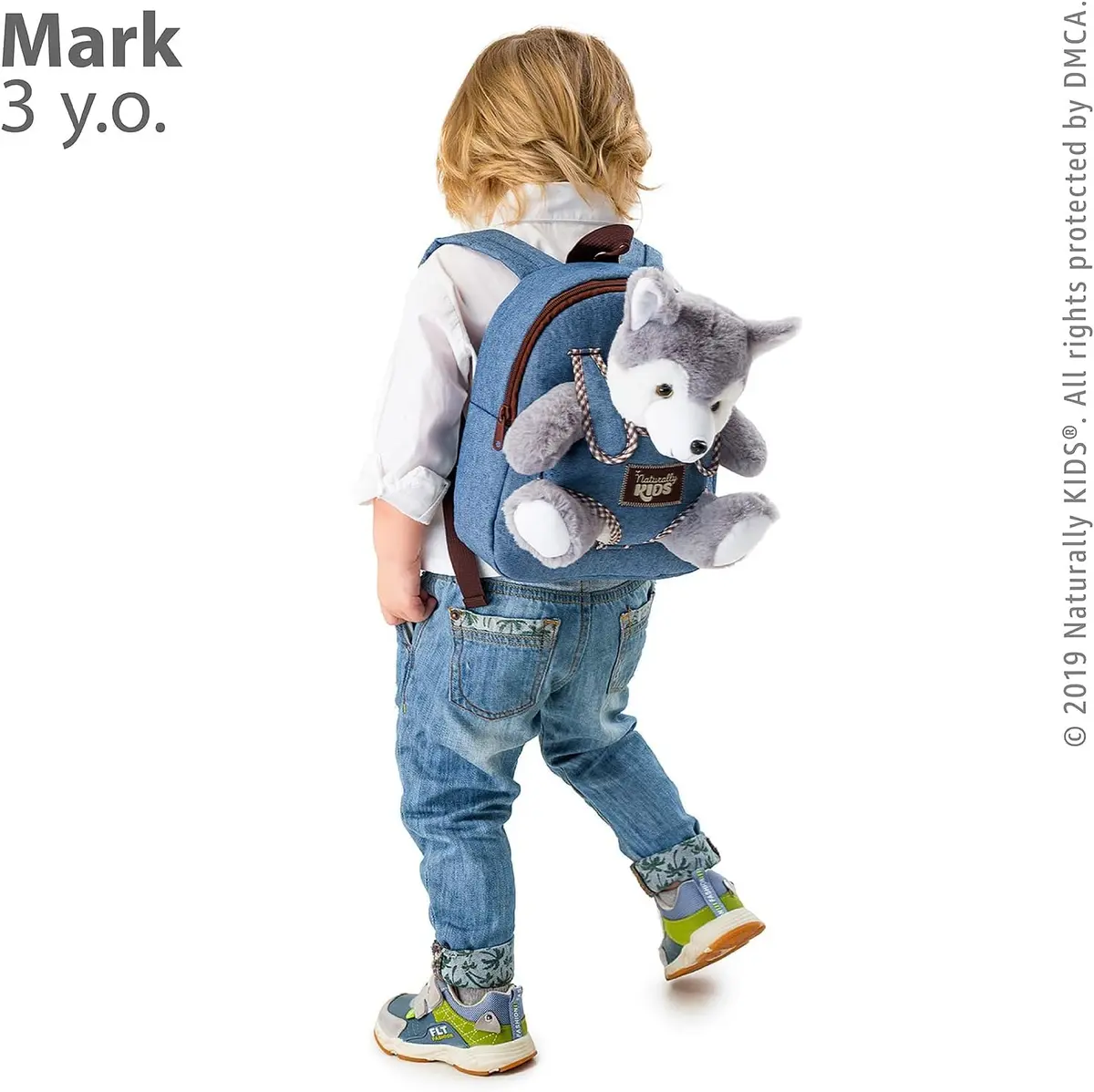 Naturally KIDS Toddler Backpack with Plush Wolf Toy | Adjustable Denim Design for Kids 2-5 - view 7