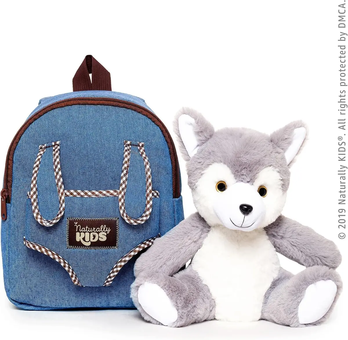 Naturally KIDS Toddler Backpack with Plush Wolf Toy | Adjustable Denim Design for Kids 2-5 - view 9