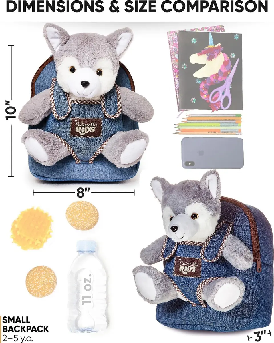 Naturally KIDS Toddler Backpack with Plush Wolf Toy | Adjustable Denim Design for Kids 2-5 - view 3