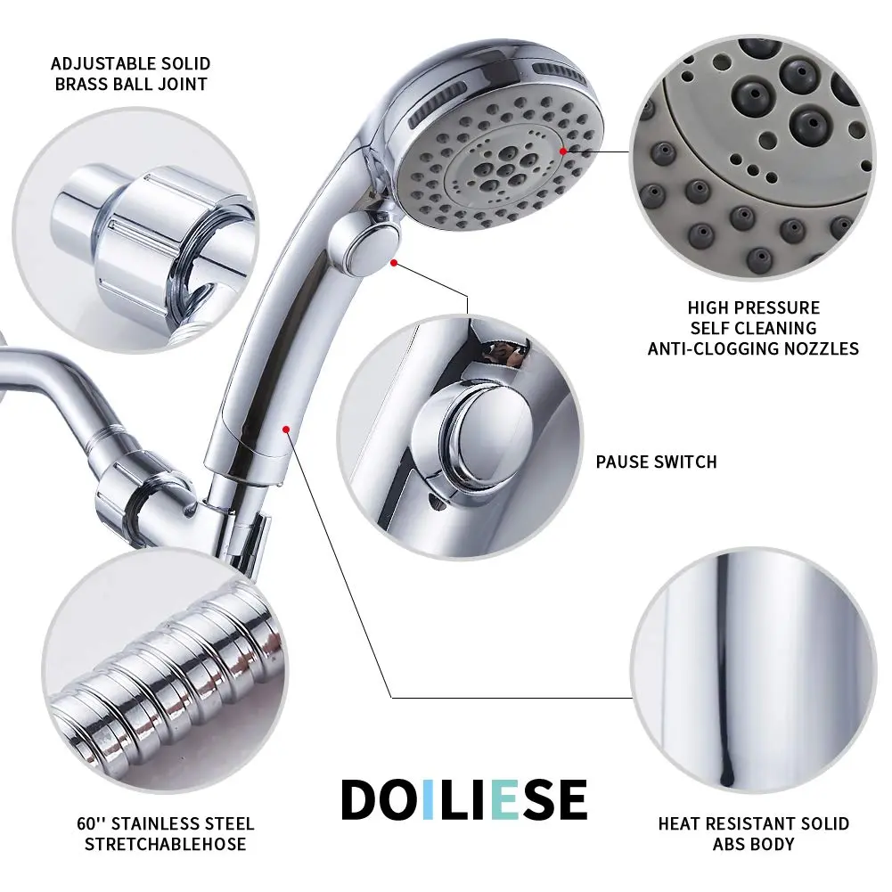 DOILIESE High Pressure Shower Head with Handheld Spray 6 Settings Chrome | 1.8 GPM Flow Rate - view 5
