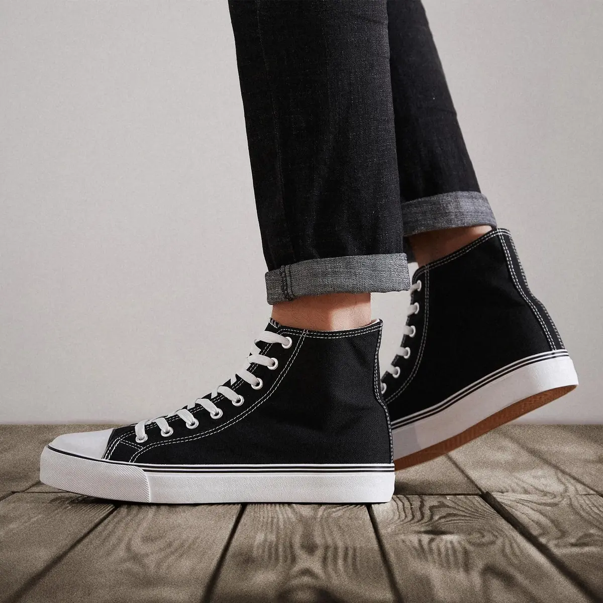 ZGR Men's High Top Canvas Sneakers Lace Up Black US8 | Breathable, Anti-Slip Rubber Sole - view 2