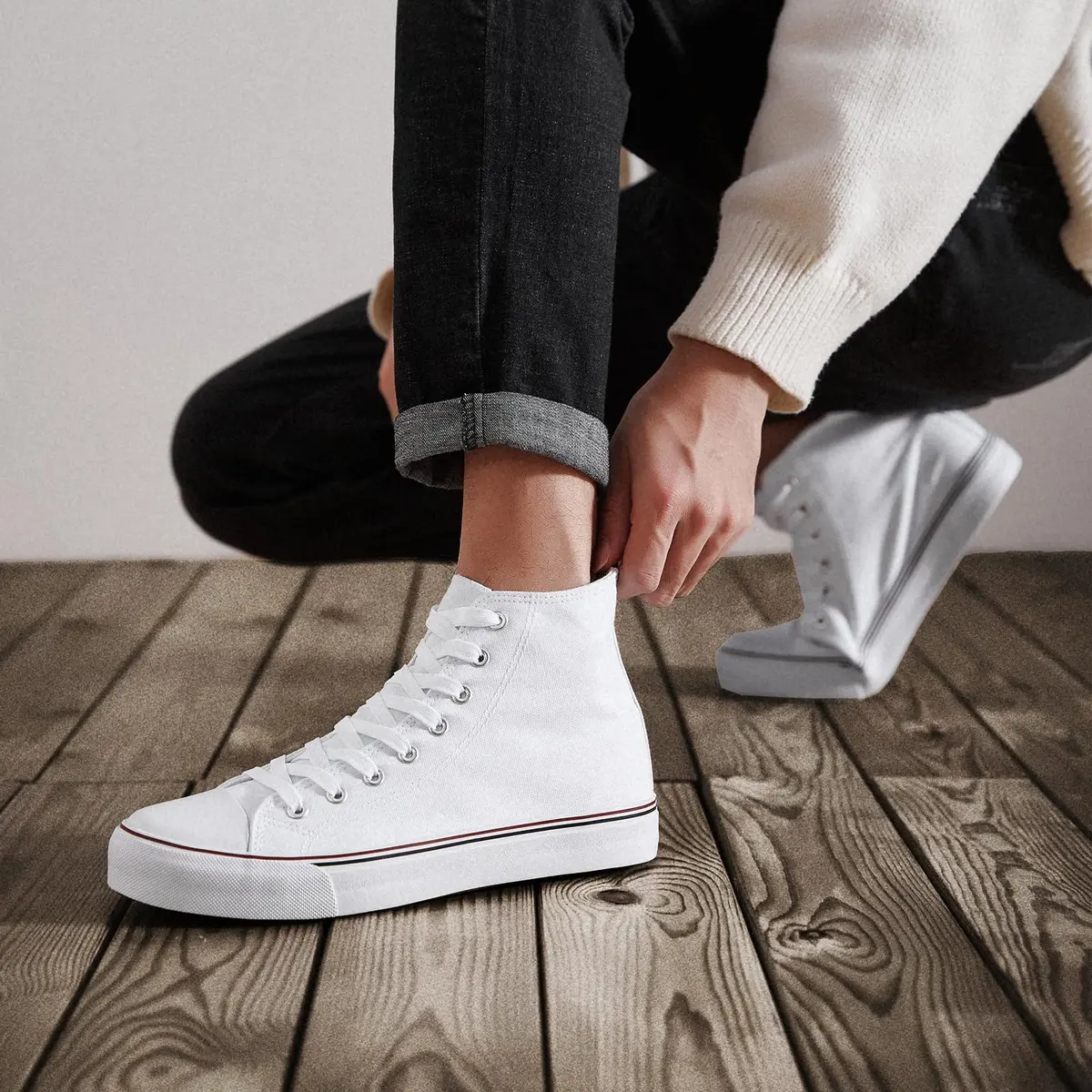ZGR High Top Canvas Sneakers Lace Up White US7 | Breathable, Anti-Slip Rubber Sole, Classic Walking Style - view 9