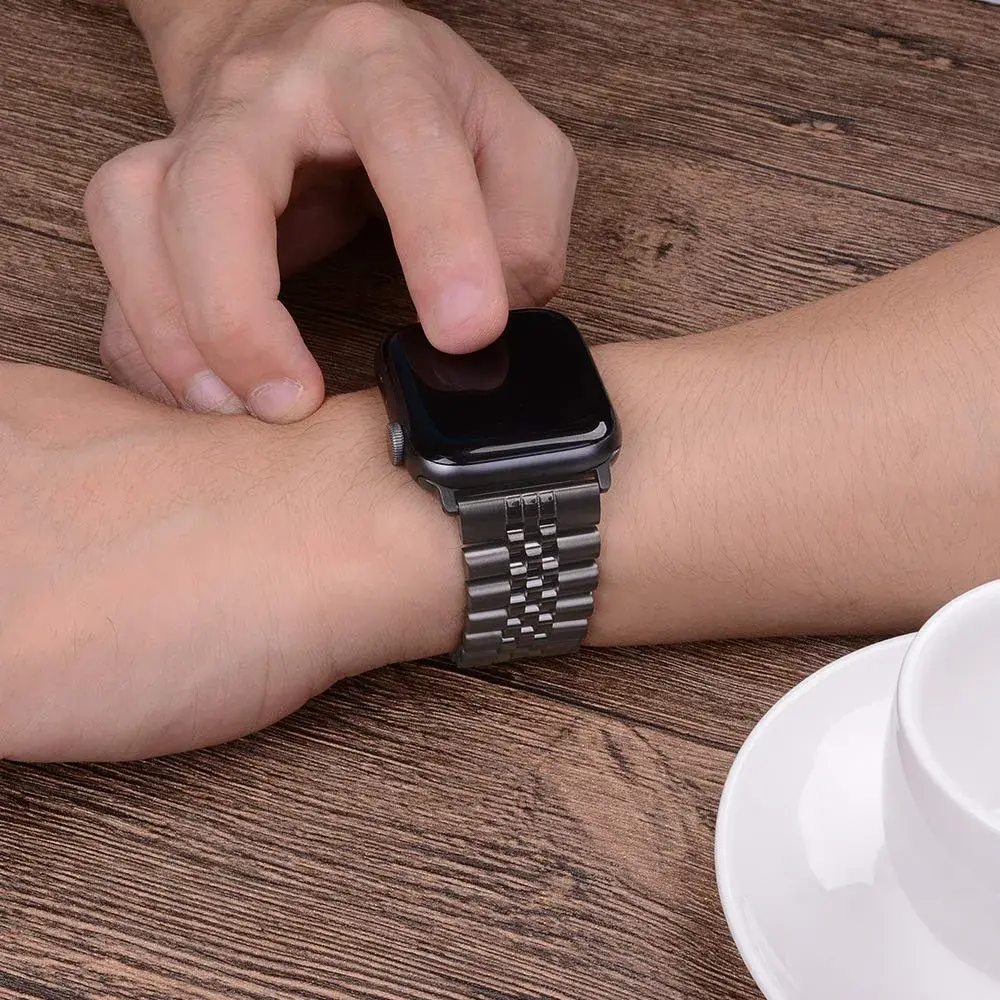 baozai Stainless Steel Watch Band for Apple Watch Ultra 3/2/1 46mm/45mm/44mm/42mm | Space Gray Jubilee Strap with Butterfly Clasp - view 5