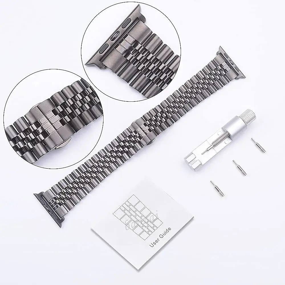 baozai Stainless Steel Watch Band for Apple Watch Ultra 3/2/1 46mm/45mm/44mm/42mm | Space Gray Jubilee Strap with Butterfly Clasp - view 4