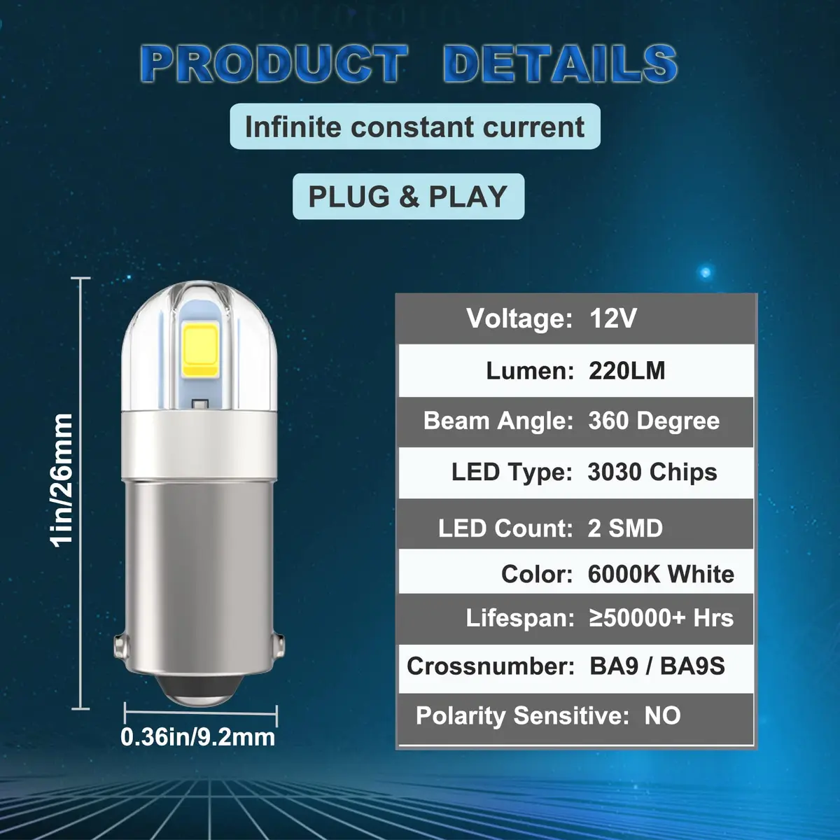 Anourney BA9S LED Bulbs 12V White | Super Bright Car Dome Map Lights - view 2