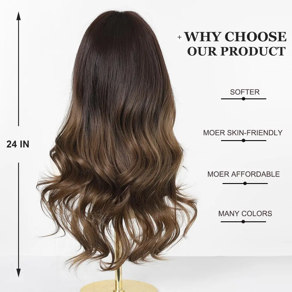 Esmee 24 Inch Long Wavy Synthetic Ombre Wig with Bangs for Women | Heat Resistant, Machine Made, Average Cap Size - view 4