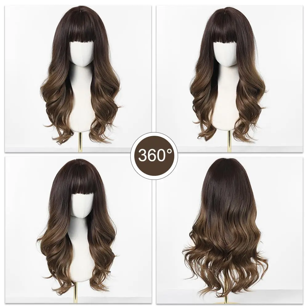 Esmee 24 Inch Long Wavy Synthetic Ombre Wig with Bangs for Women | Heat Resistant, Machine Made, Average Cap Size - view 5