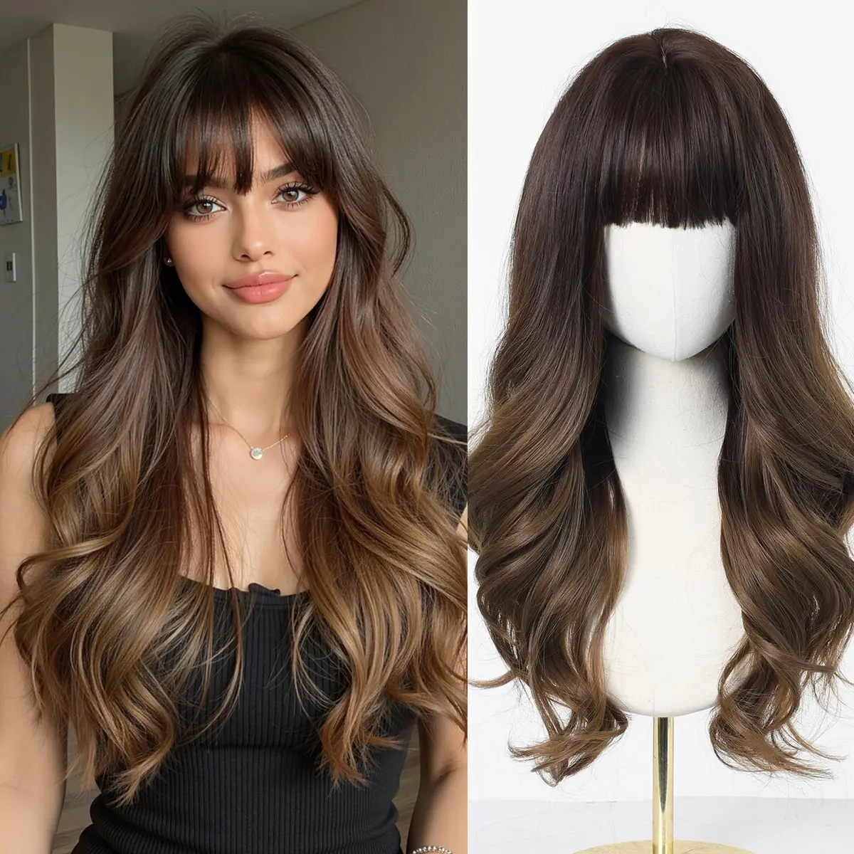 Esmee 24 Inch Long Wavy Synthetic Ombre Wig with Bangs for Women | Heat Resistant, Machine Made, Average Cap Size - main product image