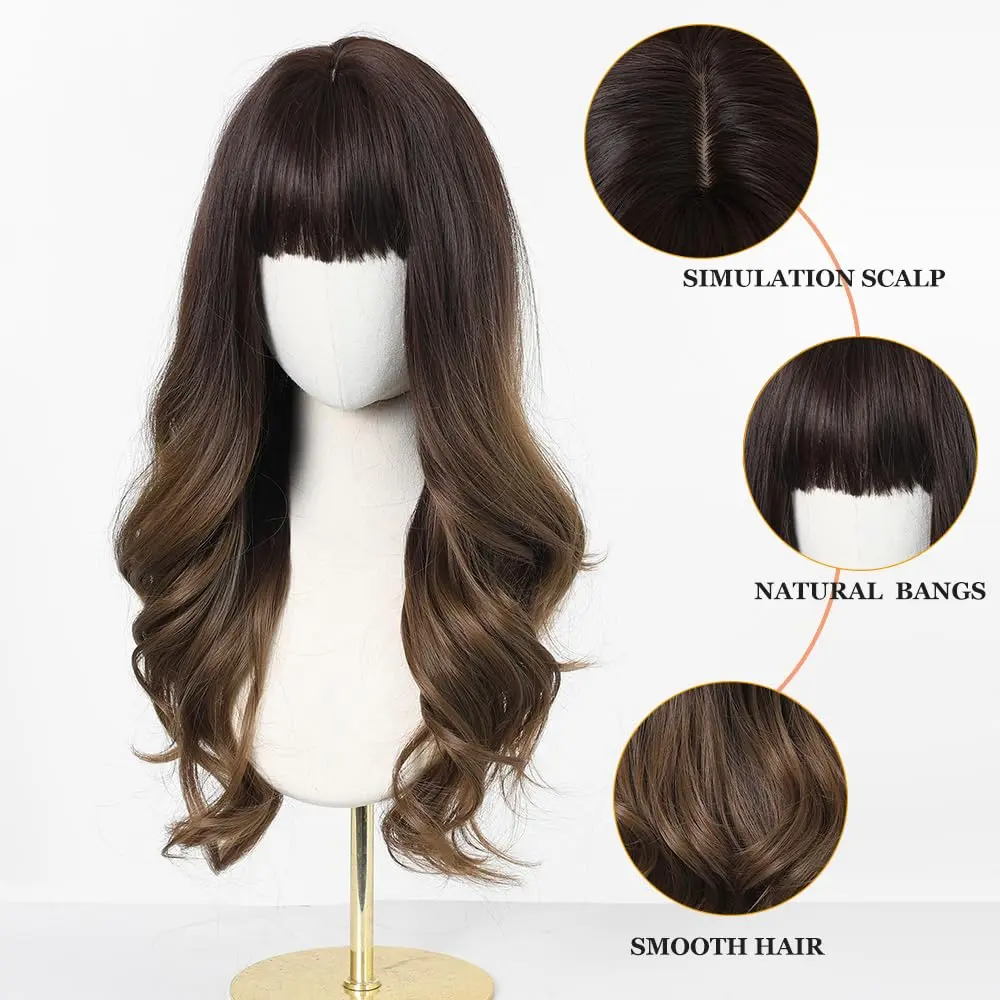 Esmee 24 Inch Long Wavy Synthetic Ombre Wig with Bangs for Women | Heat Resistant, Machine Made, Average Cap Size - view 3