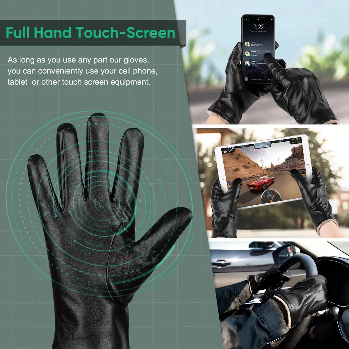 Alepo Men's PU Leather Winter Gloves XL Black | Touchscreen Thermal Warm Wool Lined - view 3