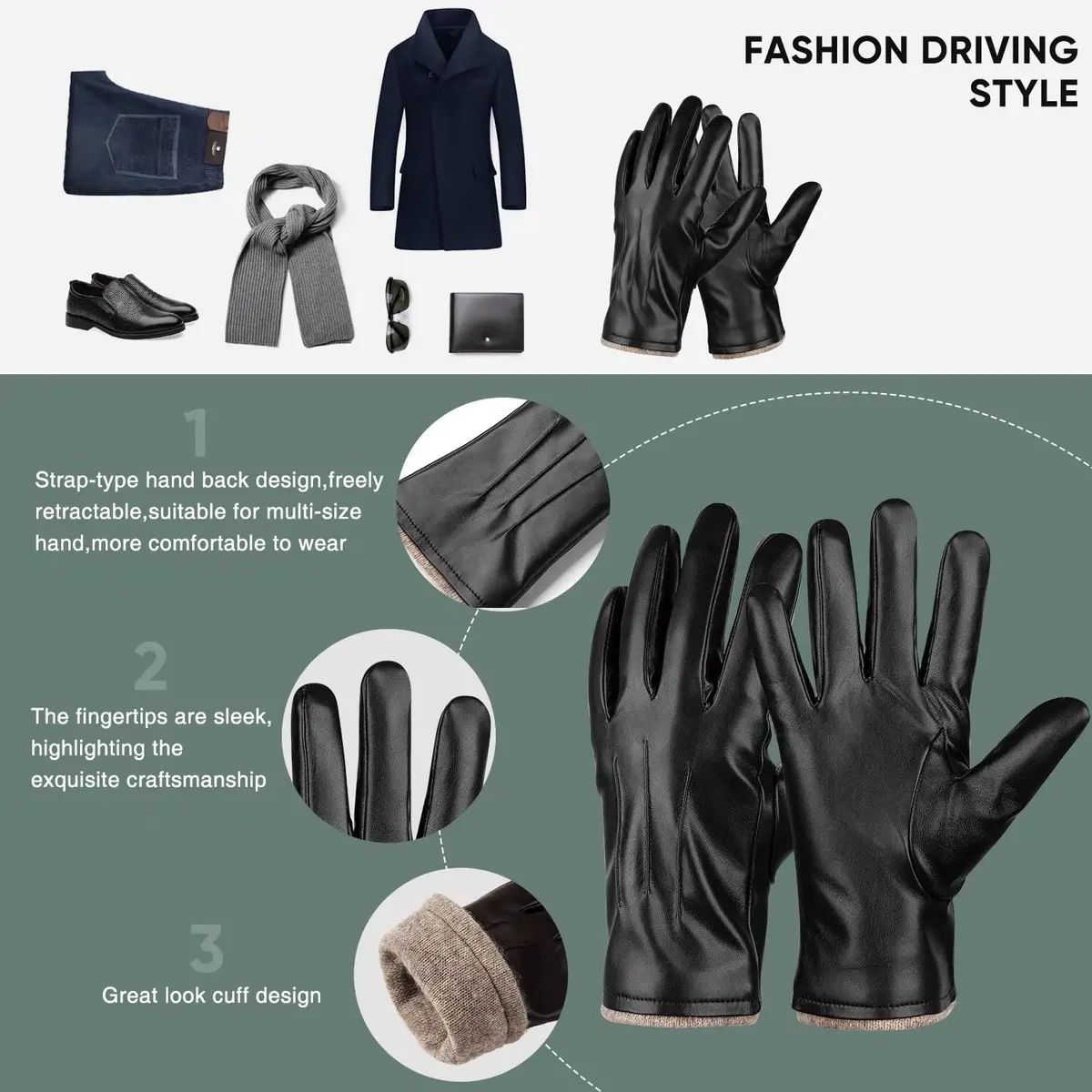 Alepo Men's Winter PU Leather Gloves with Wool Lining & Touchscreen Compatibility (Black, XXL) - view 5