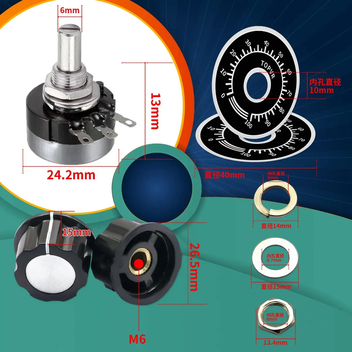 CenryKay RV24YN20S B503 50K Rotary Potentiometer with Knobs & Dials, 6mm Shaft, 20mm Length | Precise Control for Audio & Circuit DIY - view 3
