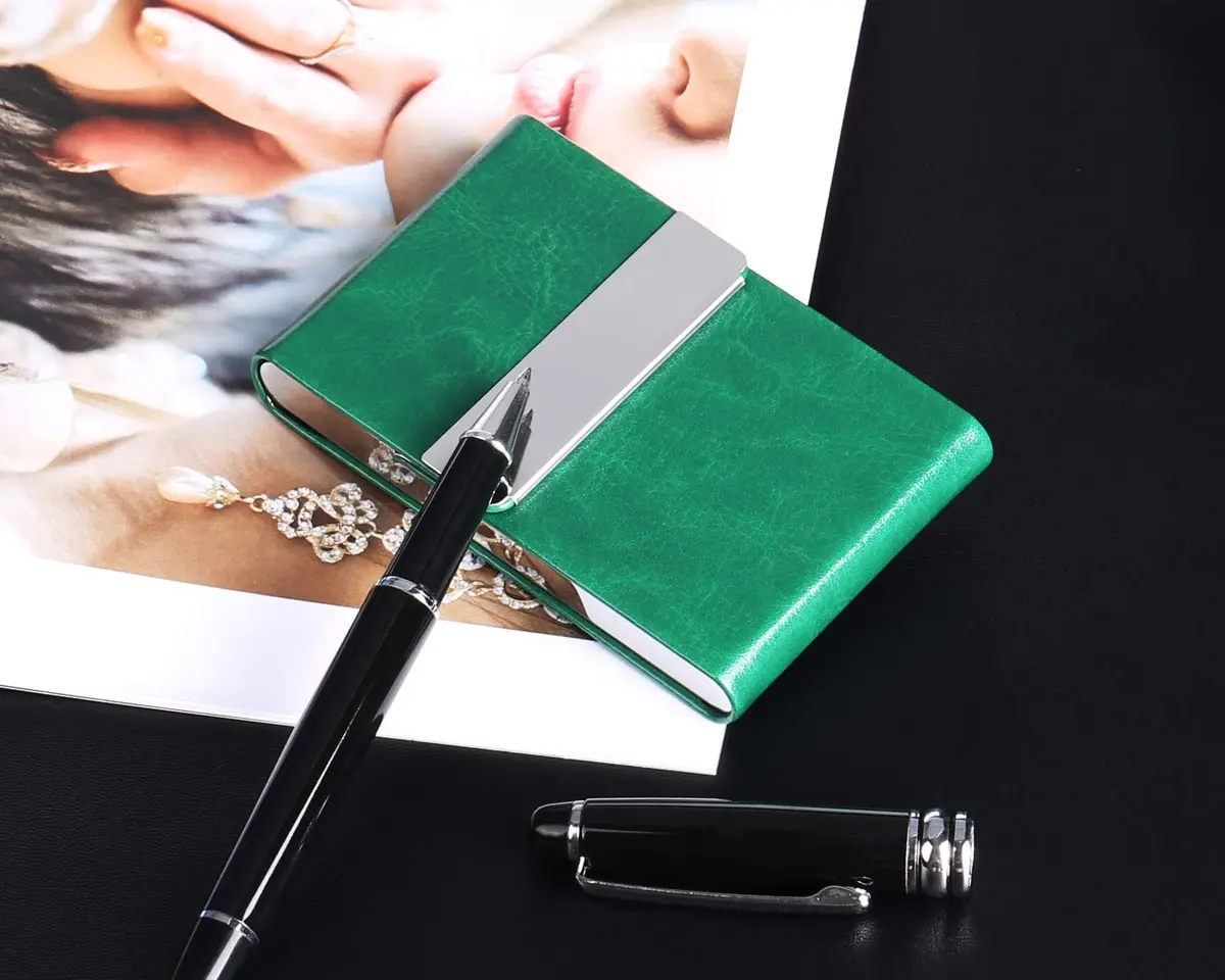 JuneLsy Professional PU Leather Business Card Holder Case with Magnetic Shut - Dark Green | Holds 15-20 Cards - view 7