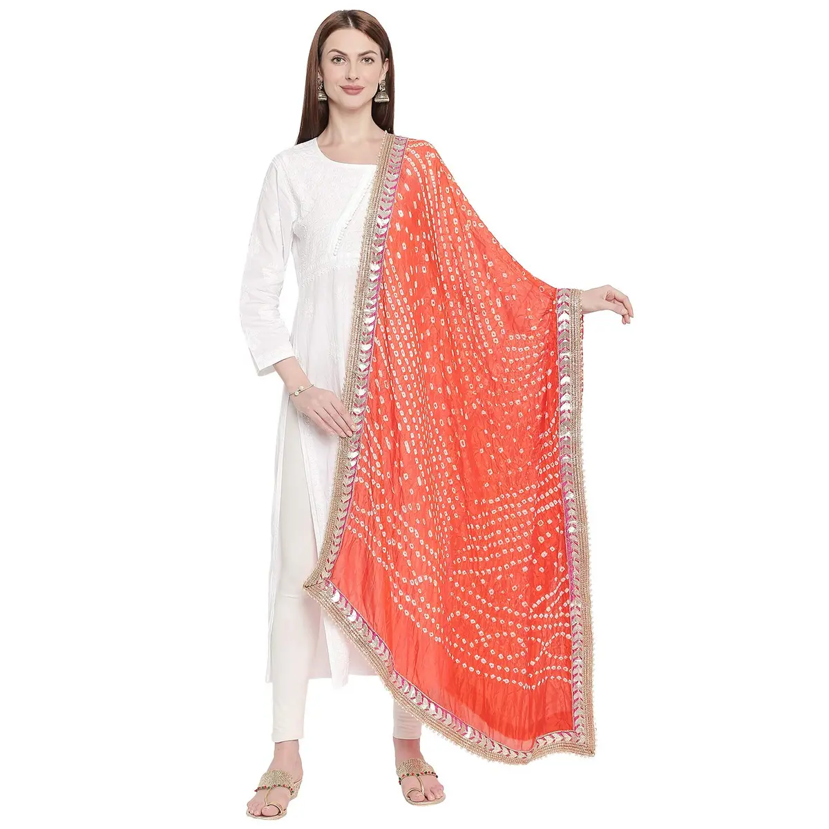 DUPATTA BAZAAR Orange Bandhini Silk Dupatta with Gotta Patti Border 240cm (86 inches) x 96.5cm (38 inches) | Traditional Ethnic Wear - main product image