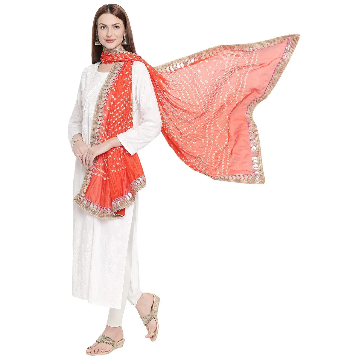 DUPATTA BAZAAR Orange Bandhini Silk Dupatta with Gotta Patti Border 240cm (86 inches) x 96.5cm (38 inches) | Traditional Ethnic Wear - view 2