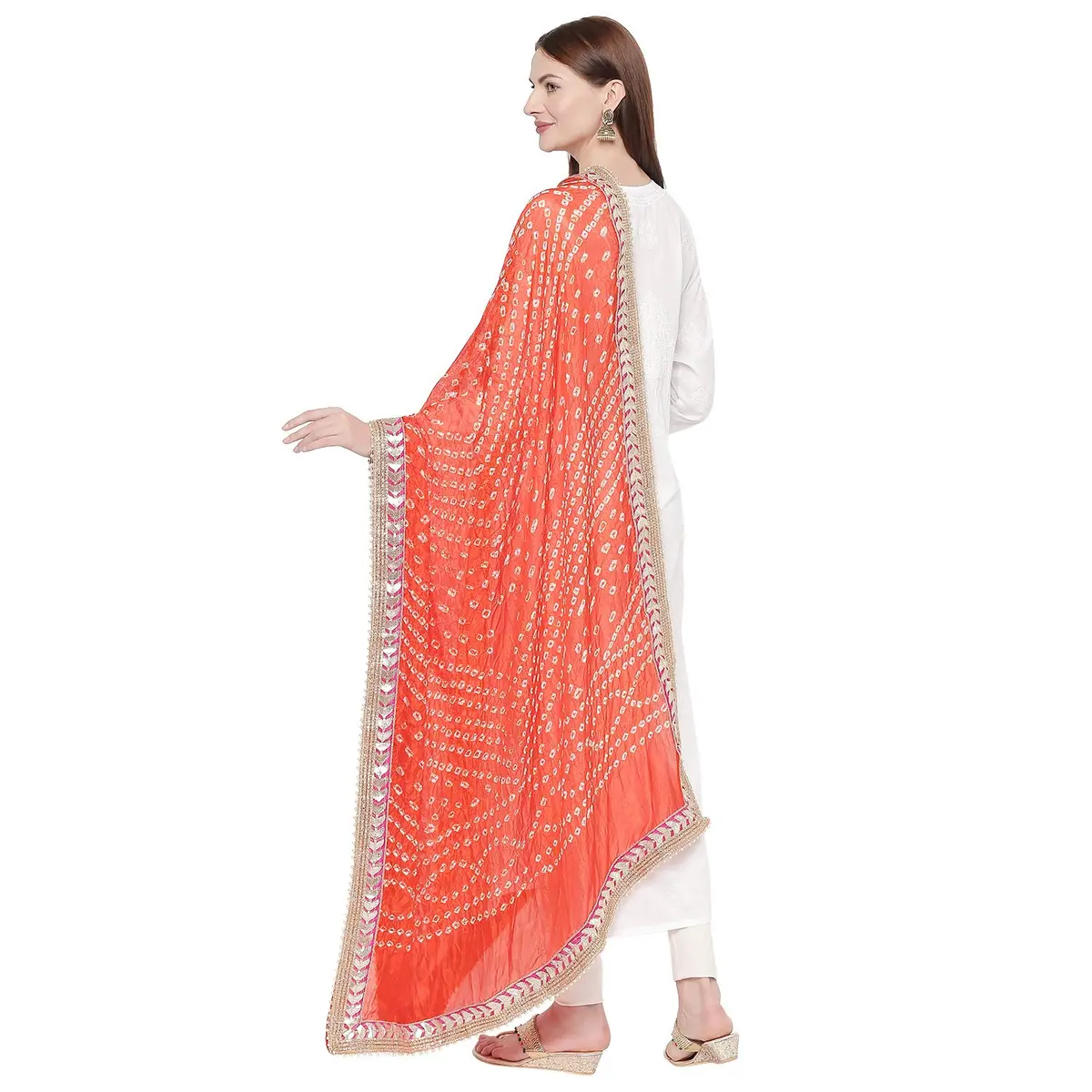 DUPATTA BAZAAR Orange Bandhini Silk Dupatta with Gotta Patti Border 240cm (86 inches) x 96.5cm (38 inches) | Traditional Ethnic Wear - view 3