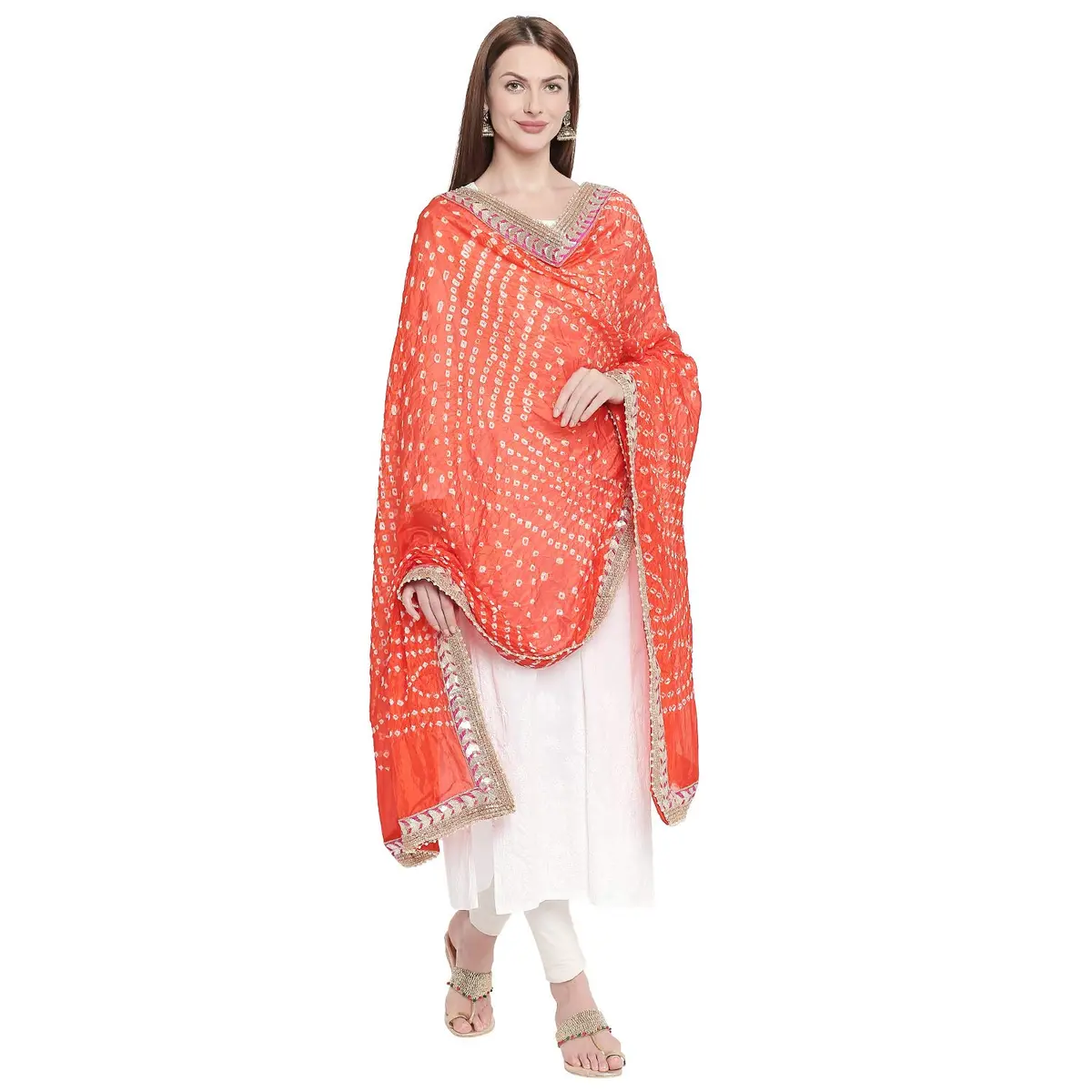 DUPATTA BAZAAR Orange Bandhini Silk Dupatta with Gotta Patti Border 240cm (86 inches) x 96.5cm (38 inches) | Traditional Ethnic Wear - view 4