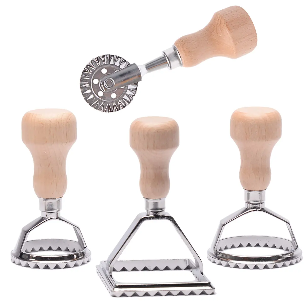 MASTER FENG Pasta Maker Set with Ravioli Stamp & Roller Wheel, Aluminum & Beechwood, 4 pcs | Perfect for Homemade Pasta & Ravioli - main product image