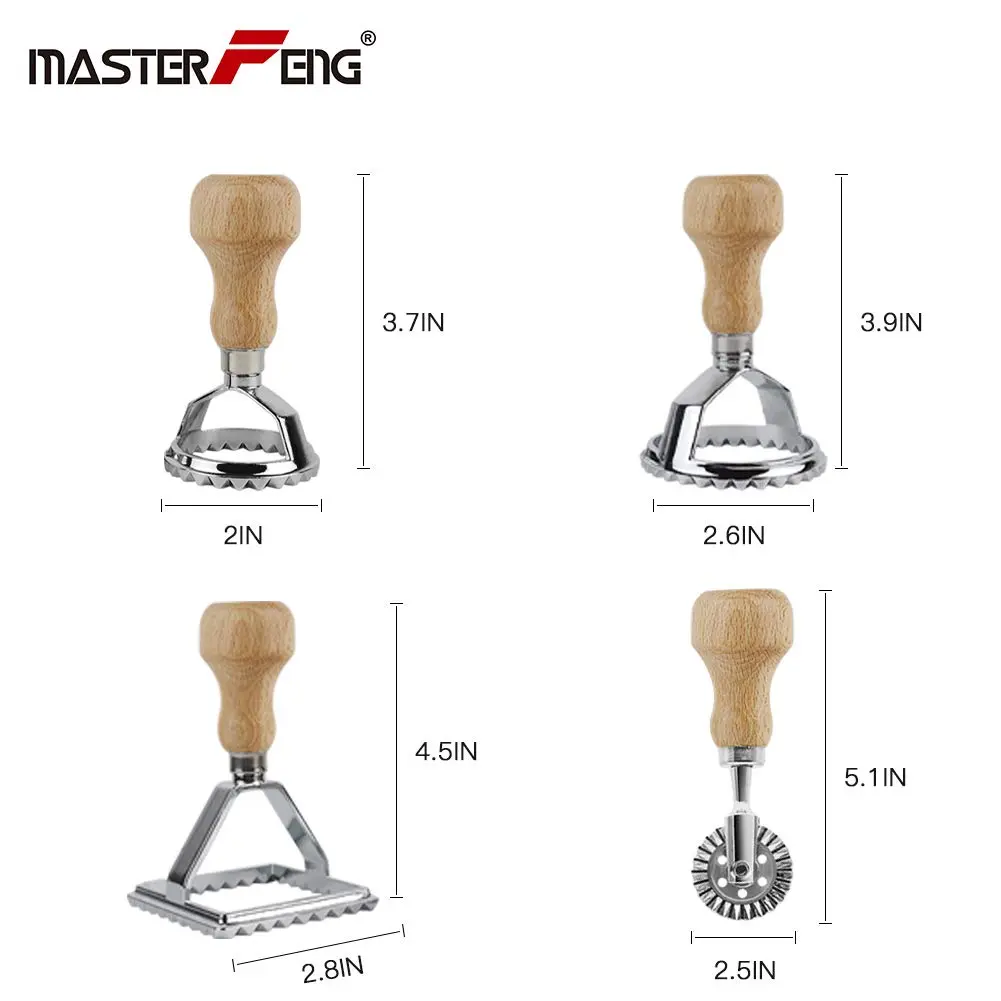 MASTER FENG Pasta Maker Set with Ravioli Stamp & Roller Wheel, Aluminum & Beechwood, 4 pcs | Perfect for Homemade Pasta & Ravioli - view 2