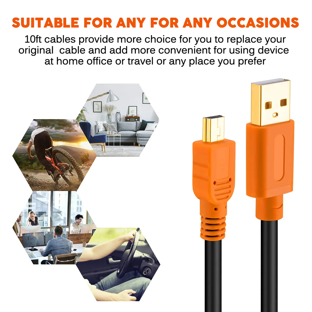 Tan QY Mini USB Cable 20Ft (6M) Orange | USB 2.0 Type A to Mini B 5-Pin Male Cord for GoPro, Cameras, Phones, MP3 Players - view 6