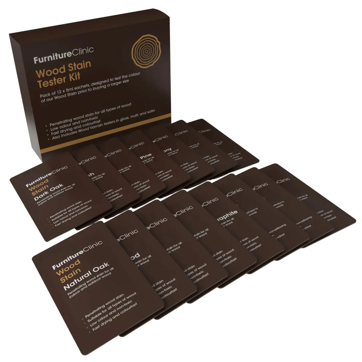 Furniture Clinic Wood Stain Tester Kit (9 x 15ml / 4.5 Fl Oz) | Water-Based, Fast-Drying, Concentrated Formula - main product image