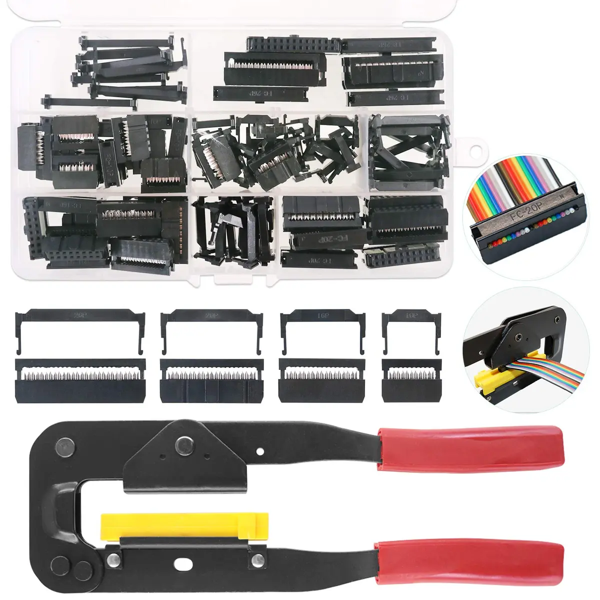 Keadic IDC Cable Connector Kit with Crimp Tool, 49 Pieces FC-10/16/20/26 Pin Female Header 2.54mm Pitch | For Flat Ribbon Cable Assembly - main product image