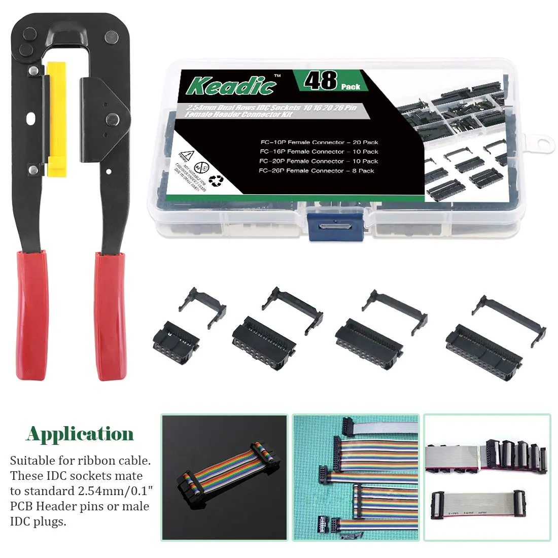 Keadic IDC Cable Connector Kit with Crimp Tool, 49 Pieces FC-10/16/20/26 Pin Female Header 2.54mm Pitch | For Flat Ribbon Cable Assembly - view 7