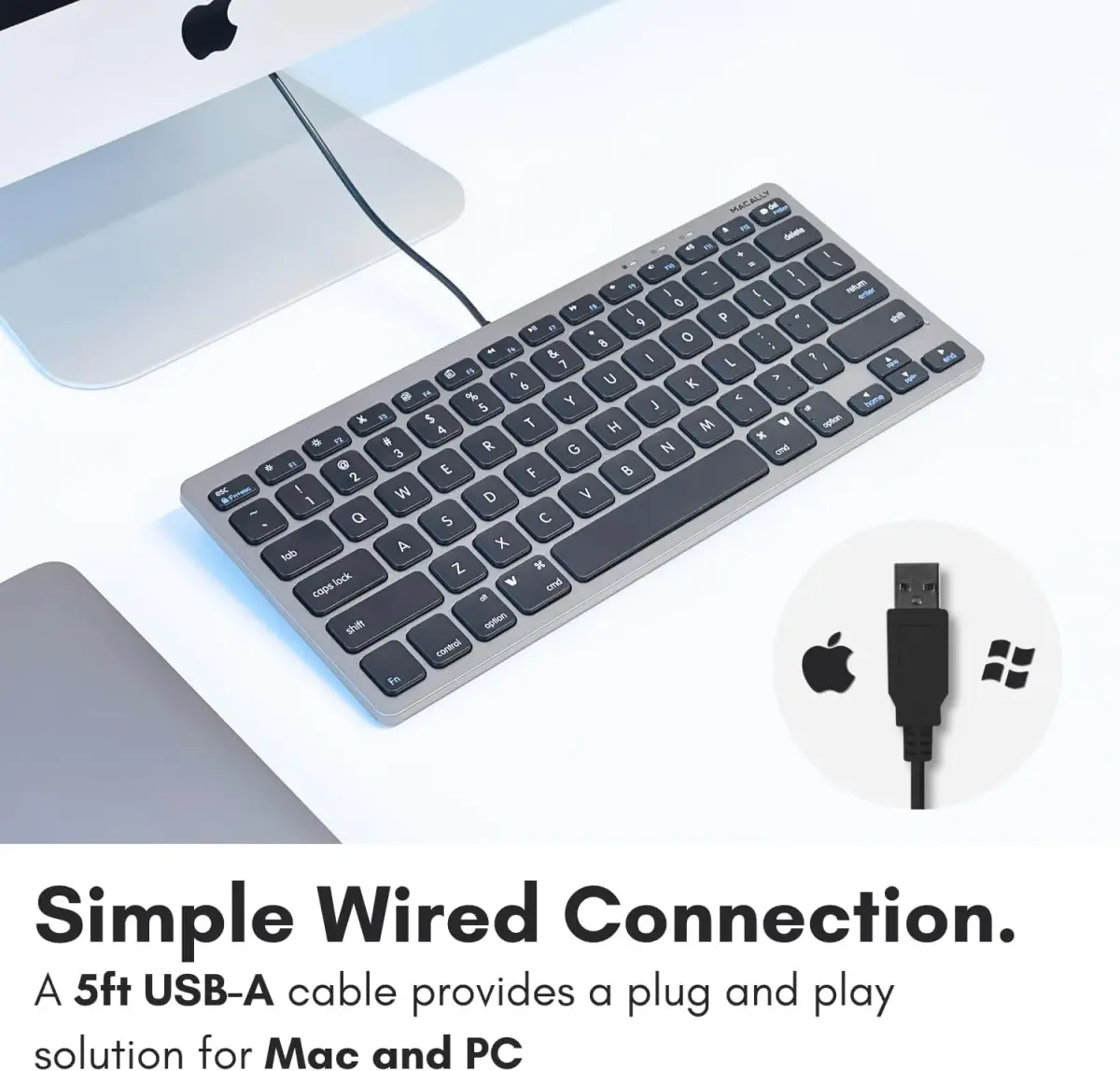 Macally SlimkeyCSG Wired USB Keyboard for Mac & Windows - 78 Scissor Keys, 13 Shortcut Keys, Compact Mini Design - Space Grey - view 3
