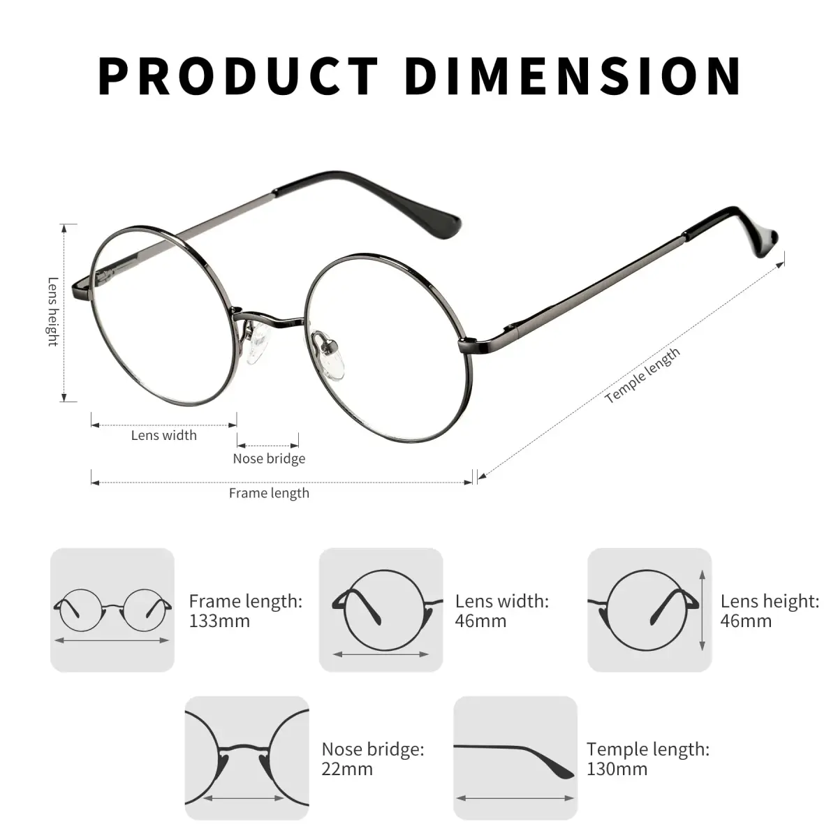 Pro Acme Retro Round Clear Lens Glasses with Metal Frame (Gunmetal) | 46mm Lens Width - view 3