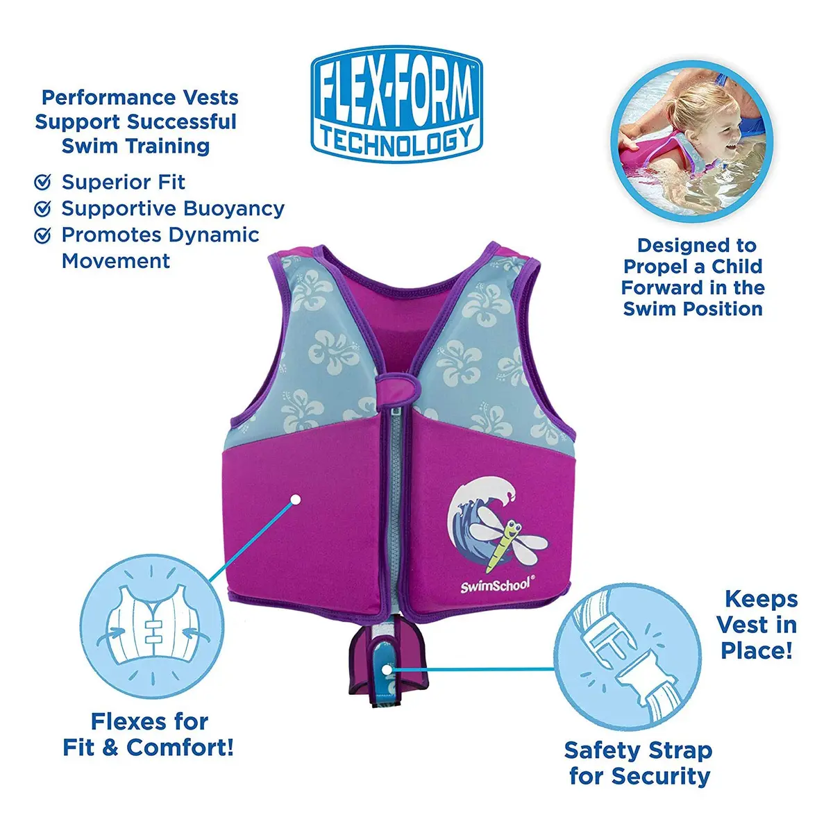 SwimSchool Water Flotation Device Swim Trainer Vest, Pink/Aqua, Medium/Large | Flex-Form Design, Padded Shoulders, Adjustable Safety Strap - view 6