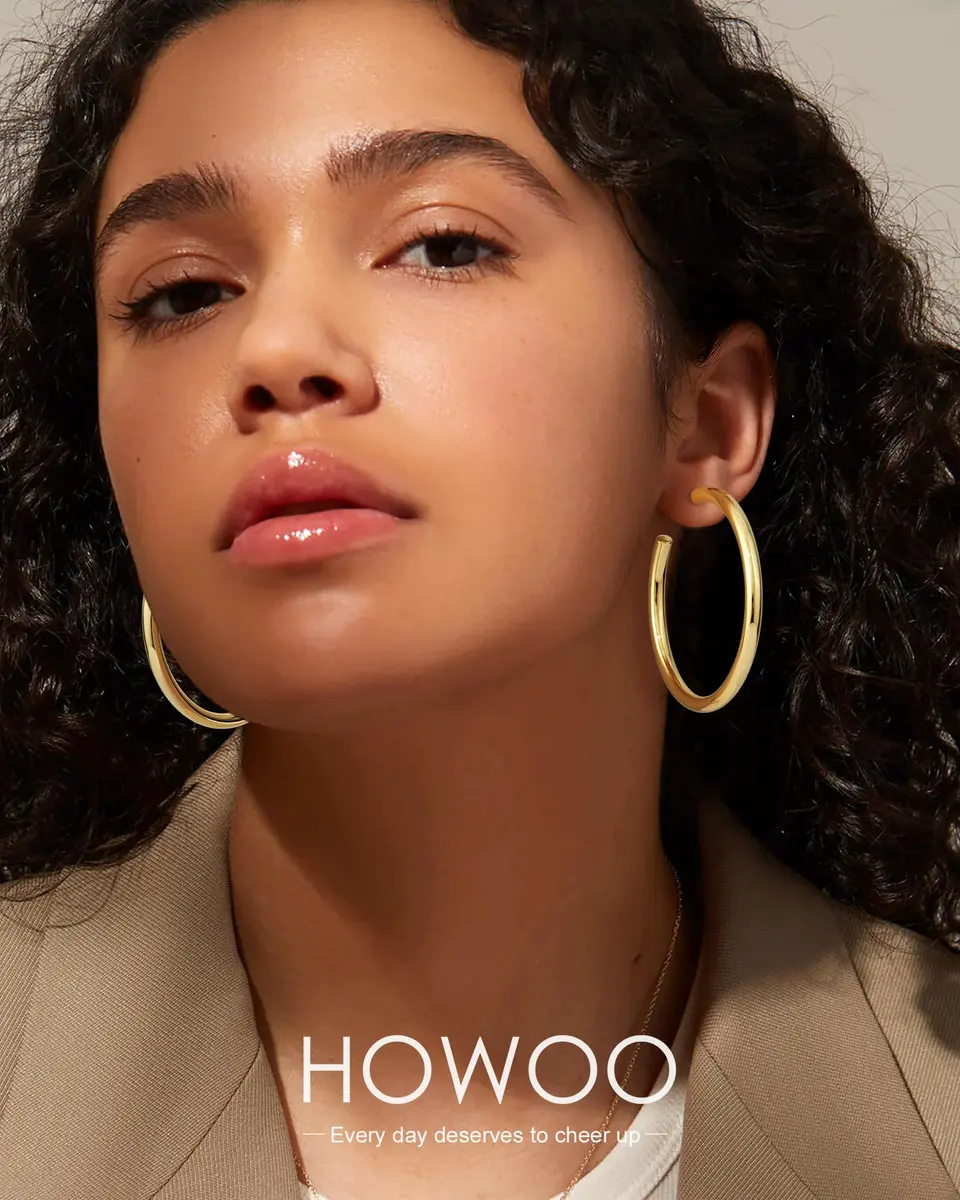 Howoo 14K Gold Plated Hoop Earrings for Women Chunky Hoop | Lightweight, Hypoallergenic, 55mm - view 2