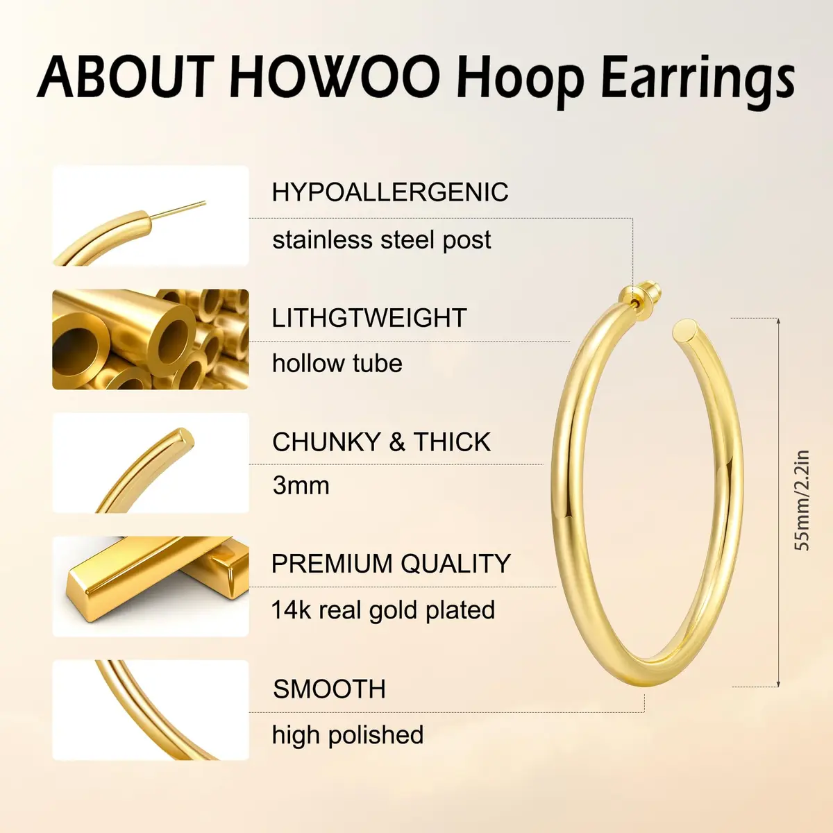 Howoo 14K Gold Plated Hoop Earrings for Women Chunky Hoop | Lightweight, Hypoallergenic, 55mm - view 4