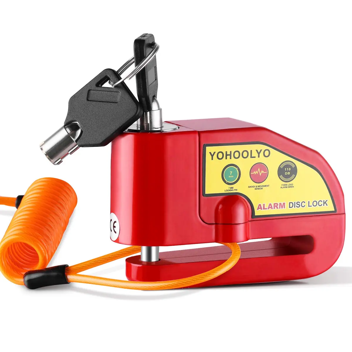 YOHOOLYO Red Motorcycle Alarm Disc Lock with 5ft Reminder Cable | Anti-Theft 110dB Waterproof Security - main product image