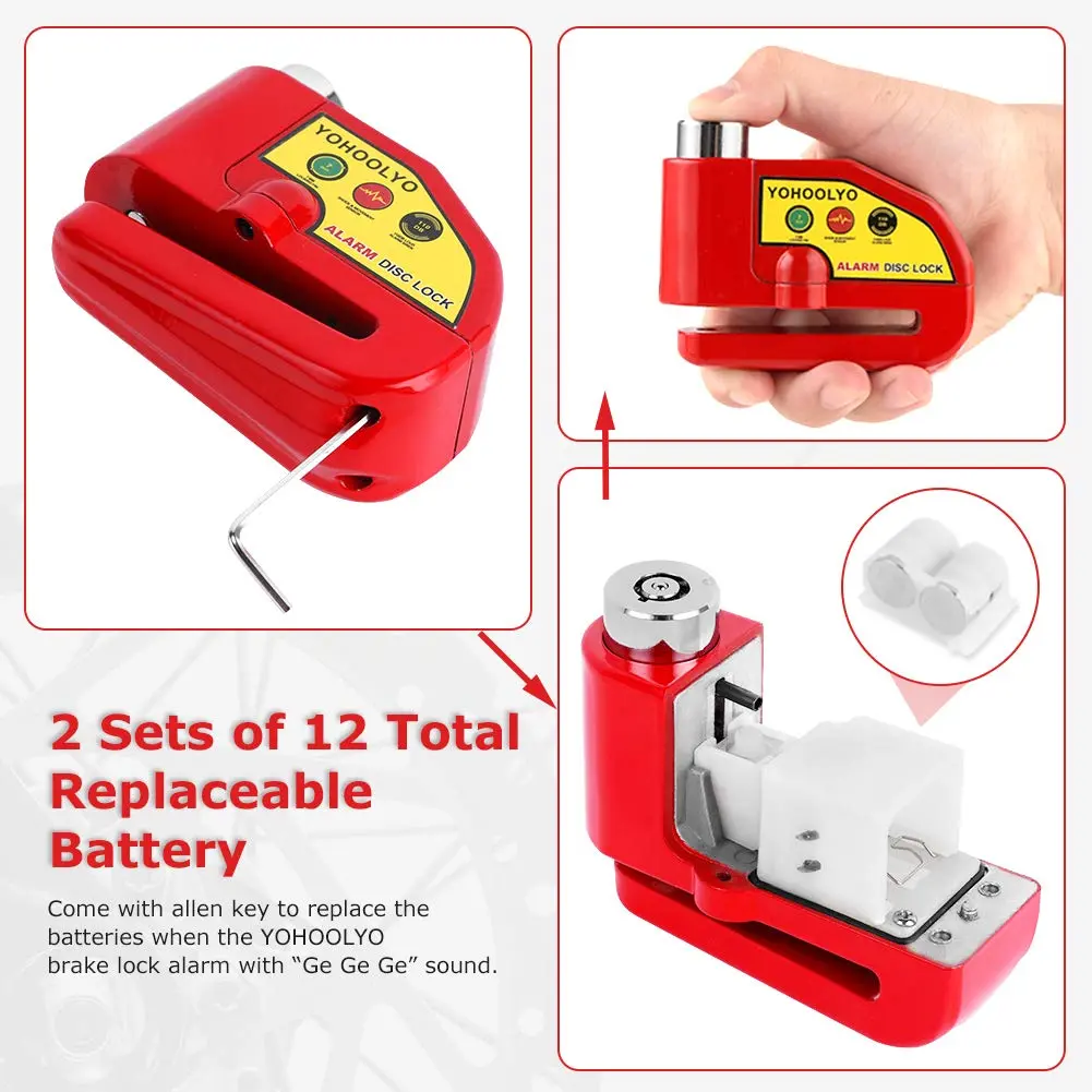 YOHOOLYO Red Motorcycle Alarm Disc Lock with 5ft Reminder Cable | Anti-Theft 110dB Waterproof Security - view 5