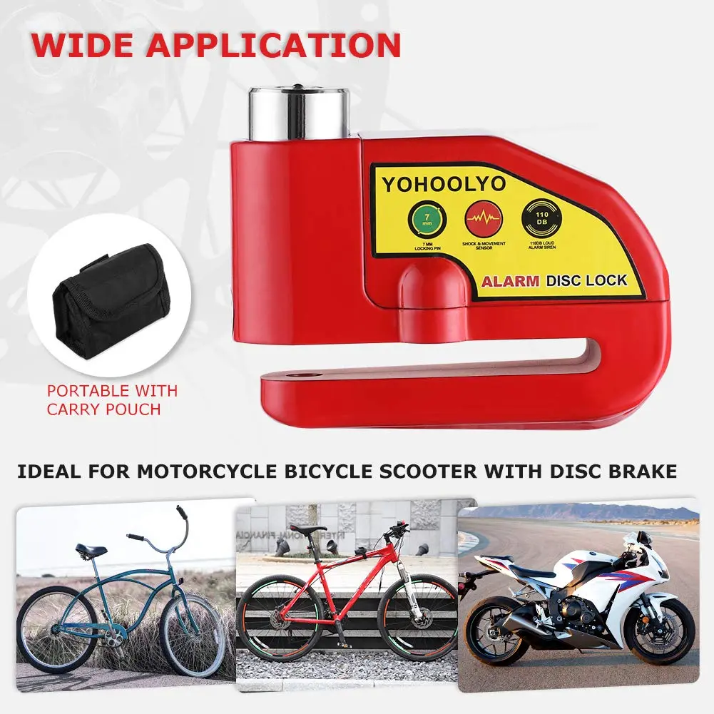 YOHOOLYO Red Motorcycle Alarm Disc Lock with 5ft Reminder Cable | Anti-Theft 110dB Waterproof Security - view 6