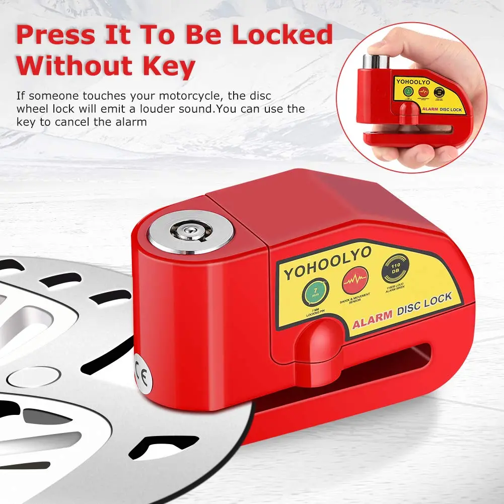 YOHOOLYO Red Motorcycle Alarm Disc Lock with 5ft Reminder Cable | Anti-Theft 110dB Waterproof Security - view 7
