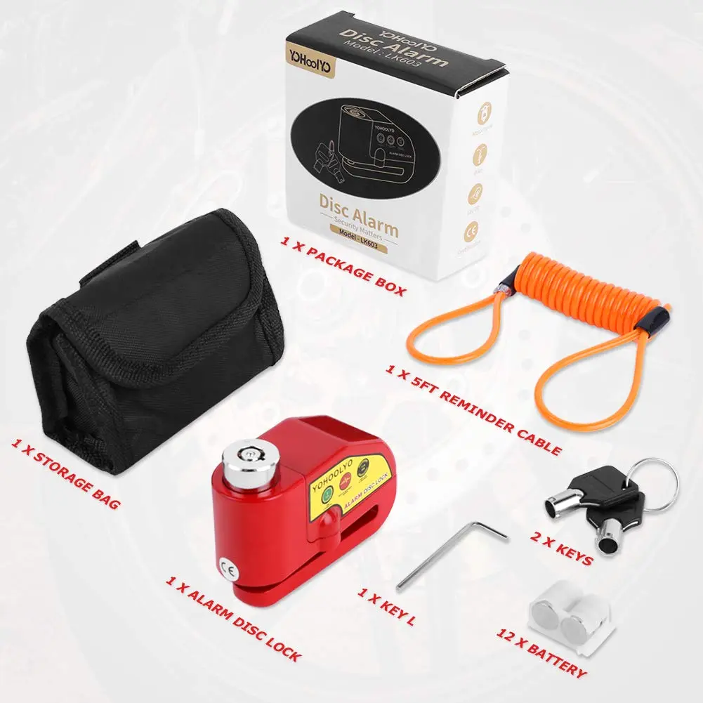 YOHOOLYO Red Motorcycle Alarm Disc Lock with 5ft Reminder Cable | Anti-Theft 110dB Waterproof Security - view 9