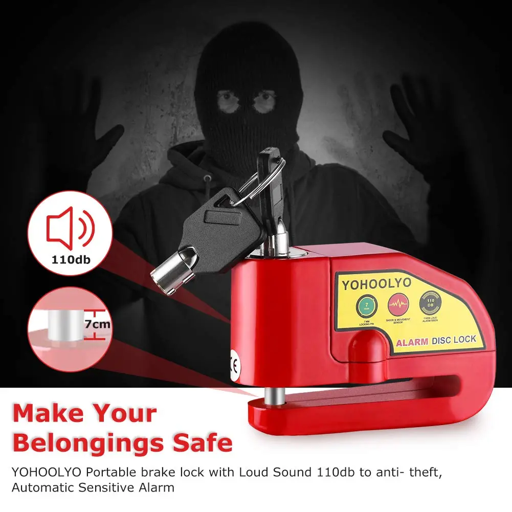 YOHOOLYO Red Motorcycle Alarm Disc Lock with 5ft Reminder Cable | Anti-Theft 110dB Waterproof Security - view 2