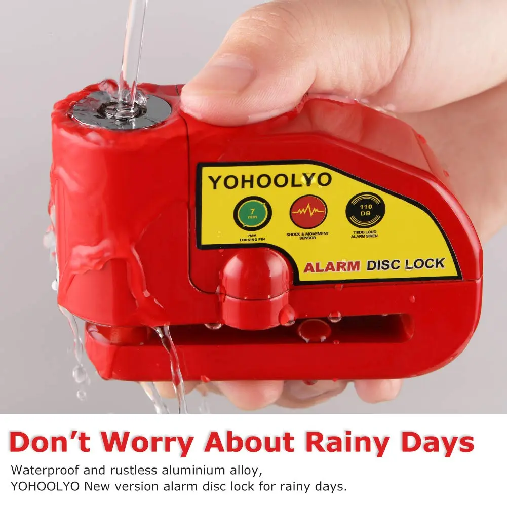 YOHOOLYO Red Motorcycle Alarm Disc Lock with 5ft Reminder Cable | Anti-Theft 110dB Waterproof Security - view 4