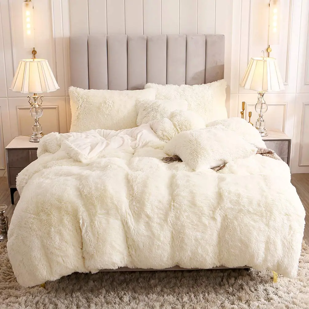 Uhamho Faux Fur Velvet Fluffy Bedding Duvet Cover Set Twin Cream | Ultra Soft & Warm - main product image