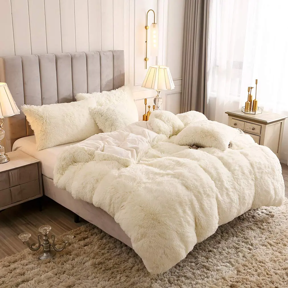 Uhamho Faux Fur Velvet Fluffy Bedding Duvet Cover Set Twin Cream | Ultra Soft & Warm - view 2