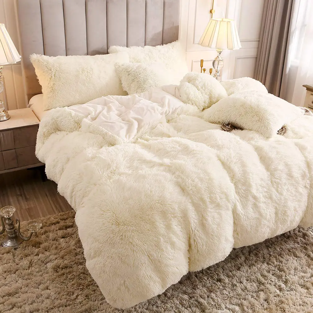 Uhamho Faux Fur Velvet Fluffy Bedding Duvet Cover Set Twin Cream | Ultra Soft & Warm - view 3