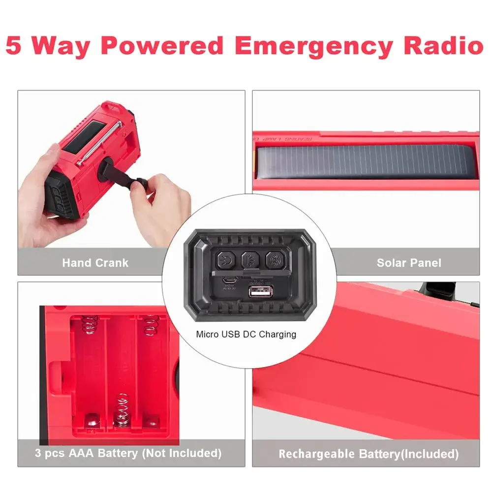 Mesqool Emergency Weather Radio NOAA Alert with 5000mAh Battery Backup, AM/FM/SW, Hand Crank, Solar, Red | Portable Survival Tool with LED Flashlight & SOS Alarm - view 2